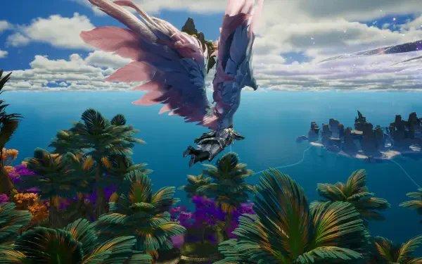 Aion 2 HD PC desktop wallpaper of a giant feathered bird soaring above a tropical ocean and lush island