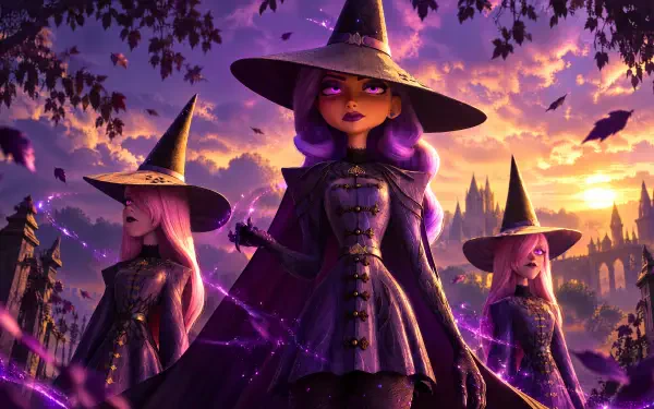 Disney’s Hexed (2026) witch trio beneath a glowing sunset, 4K Ultra HD PC desktop wallpaper and background.