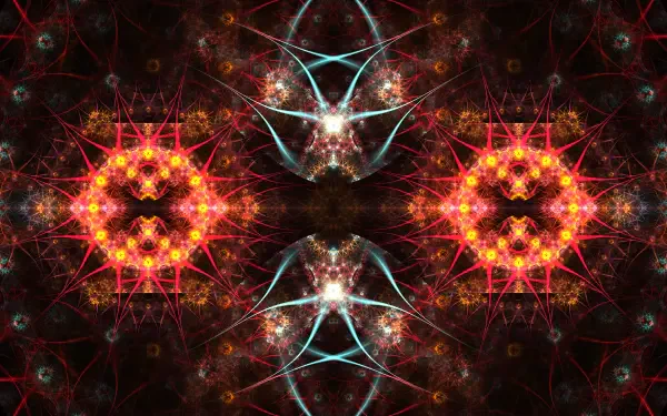 Psychedelic fractal mandala with glowing red and gold cosmic patterns on a dark space background, 4K Ultra HD desktop wallpaper.