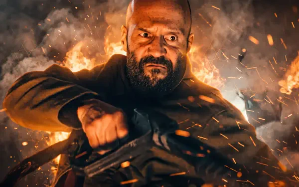 5K Ultra HD desktop wallpaper of Jason Statham wielding a gun amid fire and sparks in The Beekeeper 2.