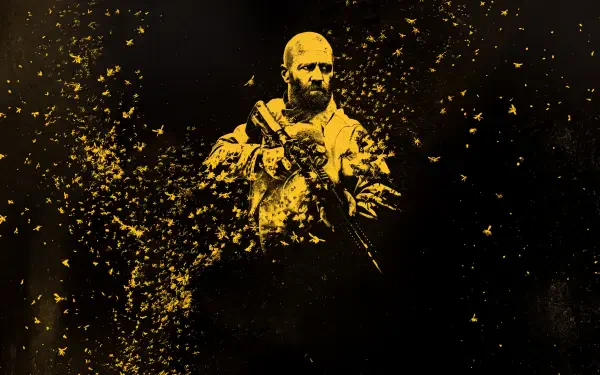 Jason Statham as a soldier holding a rifle amid golden particles in The Beekeeper 2, 5K Ultra HD desktop wallpaper.