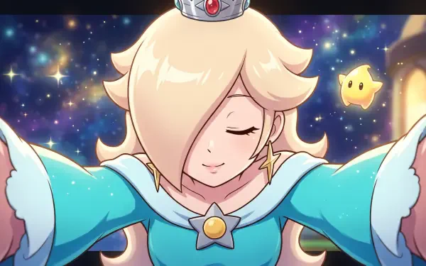 Rosalina from Mario poses beneath a starry sky in this 5K Ultra HD PC desktop wallpaper and background.