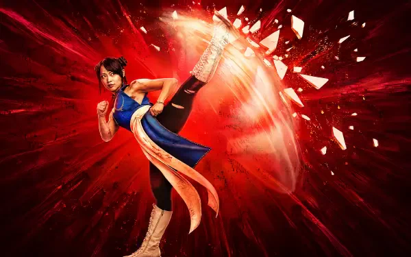 Chun-Li from Street Fighter strikes a dynamic dance pose against a vivid red backdrop, in a 4K Ultra HD PC desktop wallpaper.