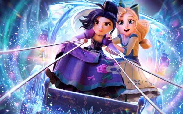 Steps (2026) Netflix cartoon wallpaper featuring two girls on a glowing platform amid vibrant blue lights, 5K Ultra HD PC desktop background.