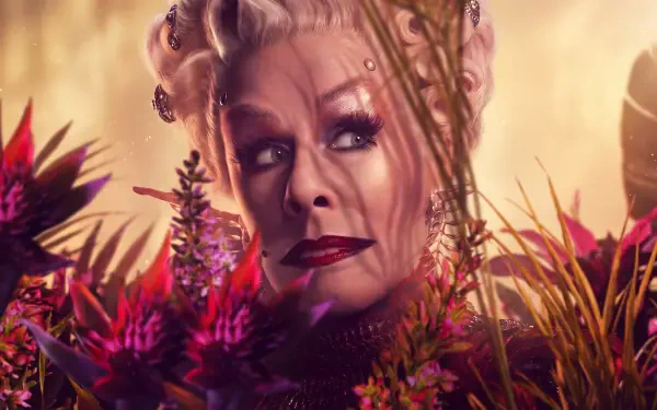 Drusilla Sickle from The Hunger Games in a dramatic floral portrait, 5K Ultra HD PC desktop wallpaper and background.