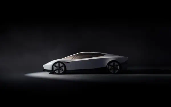 Tesla Roadster concept car in a sleek side profile against a dark studio backdrop, 2K Quad HD PC desktop wallpaper and background.