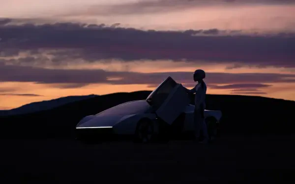 Tesla Roadster and airplane silhouettes against a sunset sky, 2K Quad HD PC desktop wallpaper and background.