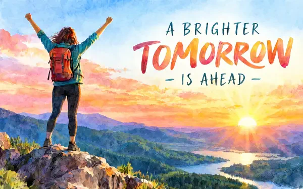 Inspirational 4K Ultra HD desktop wallpaper of a backpacker celebrating sunrise over a mountain valley, with “A brighter tomorrow is ahead” lettering.