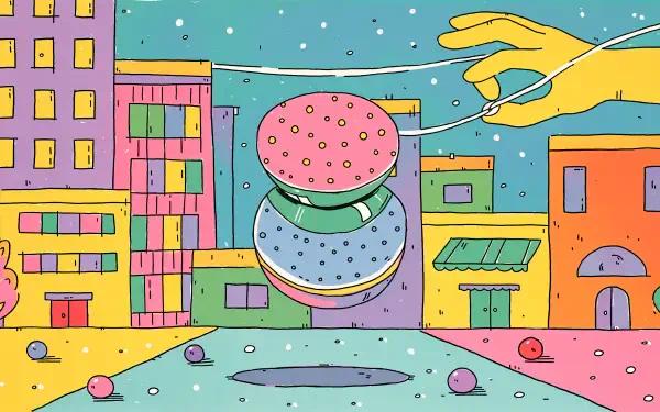 Colorful cartoon hand playing with a hamburger-shaped yoyo against a playful cityscape, 4K Ultra HD desktop wallpaper.