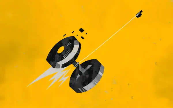 YoYo satellite spacecraft in orbit against a vivid yellow space backdrop, 4K Ultra HD desktop wallpaper.