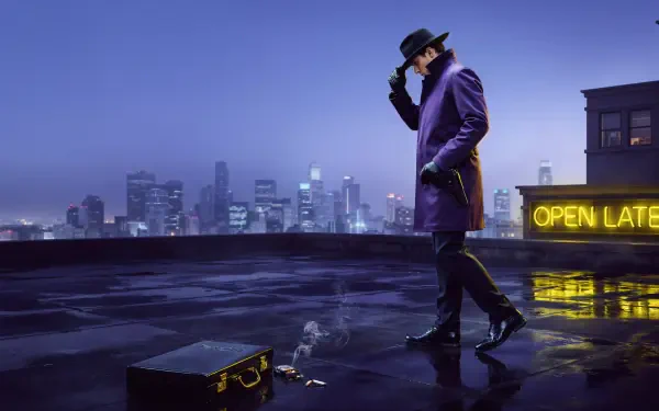 Secret agent on a rain-slick rooftop at night, overlooking a city skyline in this 4K Ultra HD PC desktop wallpaper.
