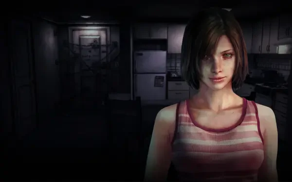 Silent Hill 4: The Room HD PC desktop wallpaper featuring a woman in a striped top in a dark, eerie interior.