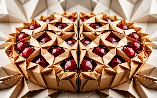 Geometric gold Cherry Pie sculpture adorned with ruby-red jewel accents, a striking 4K Ultra HD desktop wallpaper.
