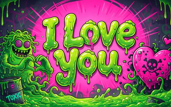 4K Ultra HD PC desktop wallpaper featuring gooey “I Love You” lettering, a grinning slime monster, and a pink heart monster.