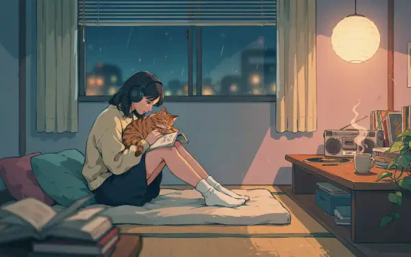 Chill lofi 4K Ultra HD desktop wallpaper of a woman cuddling a cat in a cozy bedroom at night.