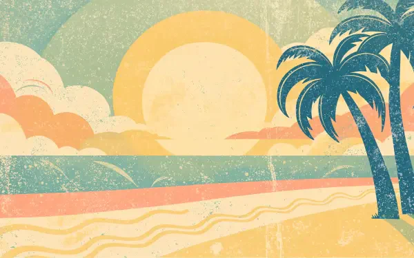 Vintage-style beach sunset with palm trees, a sandy shore, and ocean waves, 4K Ultra HD PC desktop wallpaper background.