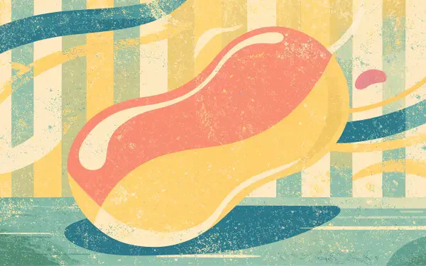 Retro mango jelly bean illustration on a striped teal and yellow background, 4K Ultra HD PC desktop wallpaper.