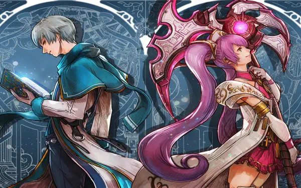 Final Fantasy Resonance anime character illustration featuring a silver-haired mage and pink-haired warrior, 4K Ultra HD PC desktop wallpaper and background.