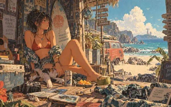 Illustrated woman relaxing in a beachside shack overlooking the ocean, 4K Ultra HD PC desktop wallpaper and background.