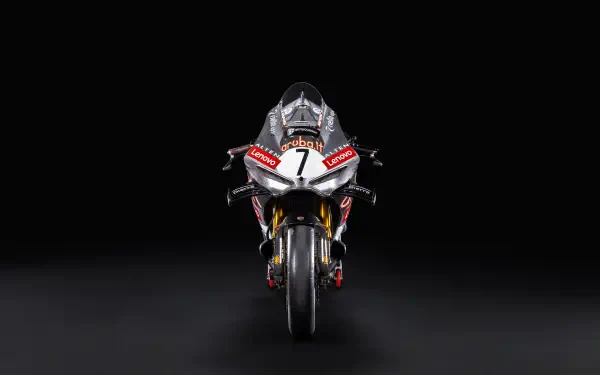 Front view of a Ducati Panigale V4 R racing motorcycle against a black background, 8K Ultra HD desktop wallpaper.