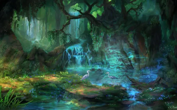 Fantasy forest landscape with a heron beside glowing turquoise springs and a pond, 8K Ultra HD desktop wallpaper background.