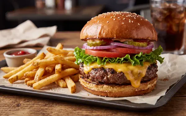 Juicy cheeseburger with fresh toppings and golden french fries, featured in a 5K Ultra HD PC desktop wallpaper and background.