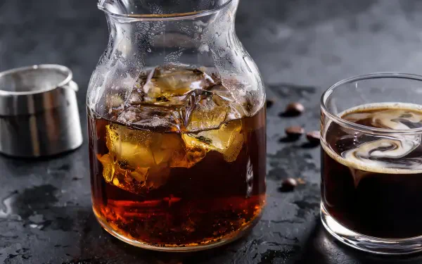 Cold brew and whisky over ice in a glass decanter and tumbler, featured in a 4K Ultra HD desktop wallpaper background.