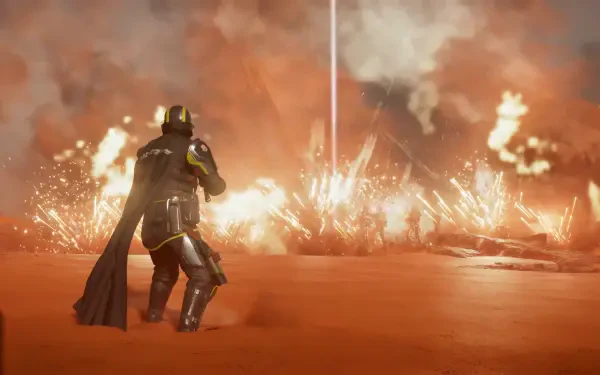 Helldivers 2 soldier faces a fiery battlefield explosion in this 4K Ultra HD PC desktop wallpaper.