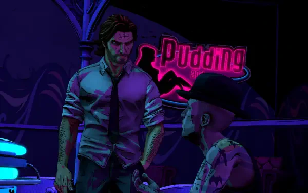 Bigby Wolf and a woman in a neon-lit comic scene from The Wolf Among Us Remastered, HD PC desktop wallpaper.