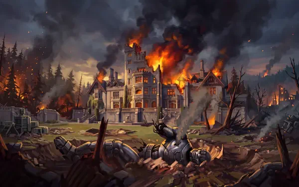 Avengers: Doomsday war scene with a burning city and battlefield, 5K Ultra HD PC desktop wallpaper and background.