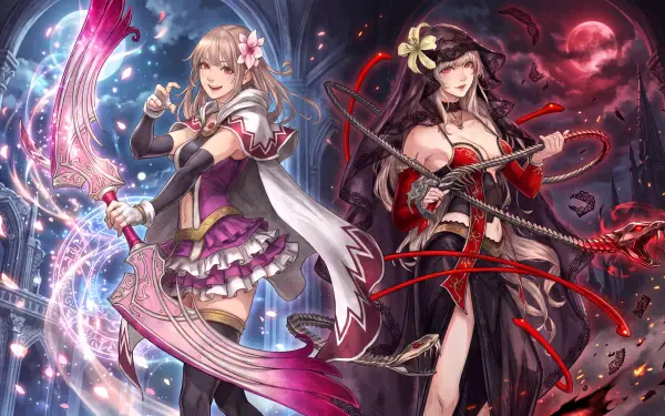 Final Fantasy Resonance 5K Ultra HD PC desktop wallpaper featuring two anime girl warriors surrounded by sparkling magic and crimson energy.