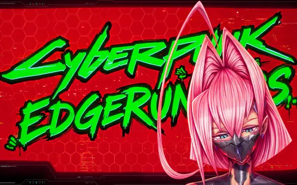 Cyberpunk: Edgerunners 5K desktop wallpaper featuring pink-haired anime girl Talia Yang against a red neon logo background.