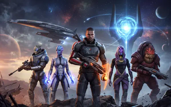 Mass Effect sci-fi soldiers and alien companions beneath a glowing blue energy field, 5K Ultra HD PC desktop wallpaper and background.