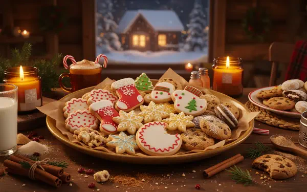 Festive holiday cookies and Christmas desserts on a candlelit table by a snowy window, 4K Ultra HD PC desktop wallpaper and background.