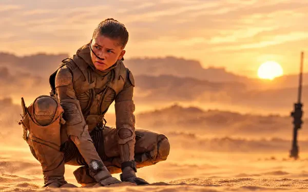 Zendaya as a desert soldier in Dune: Part Three, kneeling beneath a sunset in this 4K Ultra HD desktop wallpaper.