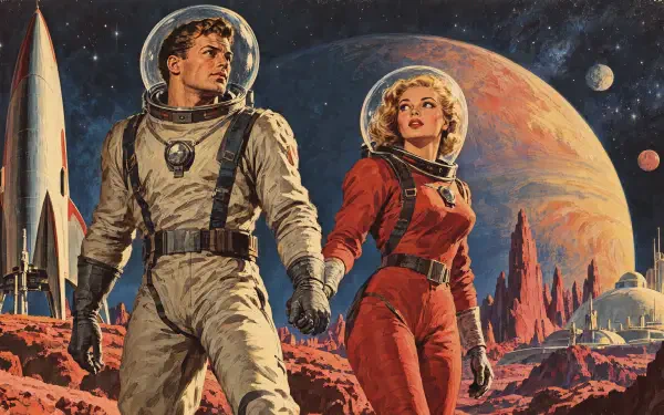 Science fiction astronauts holding hands on Mars, with a rocket and planets in the background, 4K Ultra HD desktop wallpaper.