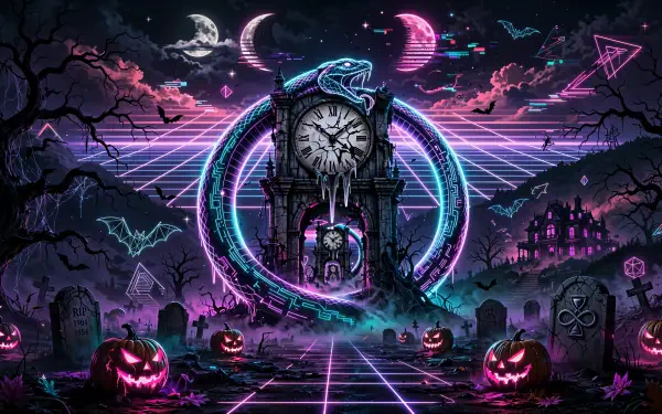 Dark Halloween 4K Ultra HD PC desktop wallpaper featuring a haunted clock, neon moon, glowing pumpkins, and eerie graveyard.