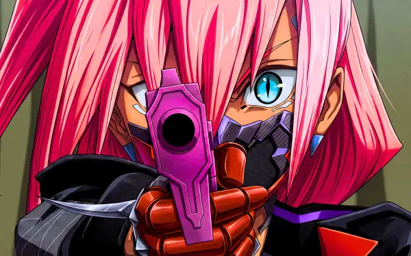 Talia Yang from Cyberpunk: Edgerunners 2 aims a purple gun in this pink-haired anime portrait, featured as a 5K Ultra HD desktop wallpaper.