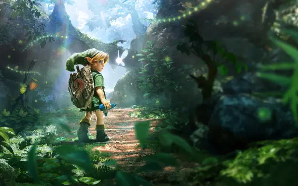 Link and a glowing fairy explore a lush forest path in The Legend of Zelda: Ocarina of Time (2026), 2K Quad HD PC desktop wallpaper and background.