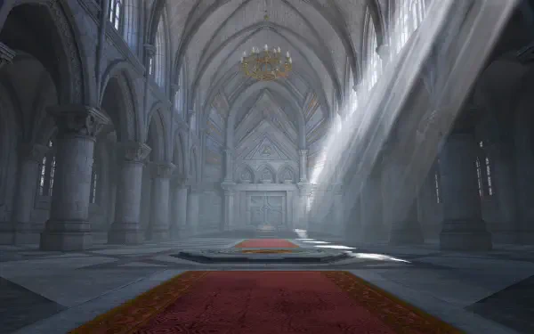 A sunlit cathedral hall with a red carpet, from The Legend of Zelda: Ocarina of Time (2026), in 4K Ultra HD PC desktop wallpaper and background.