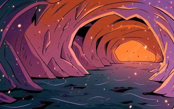 Colorful illustrated underground river winding through a glowing cave tunnel, 4K Ultra HD desktop wallpaper.