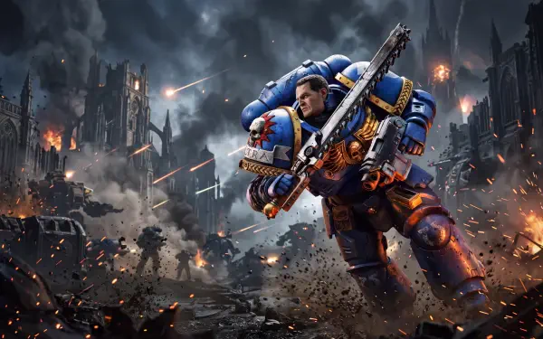 Warhammer 40,000: Space Marine 2 soldier charging through a war-torn sci-fi battlefield, 5K Ultra HD PC desktop wallpaper.