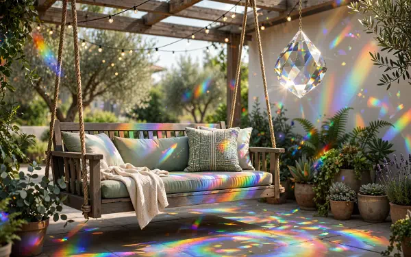 Colorful porch swing on a sunlit garden patio with rainbow prism reflections, 4K Ultra HD PC desktop wallpaper and background.
