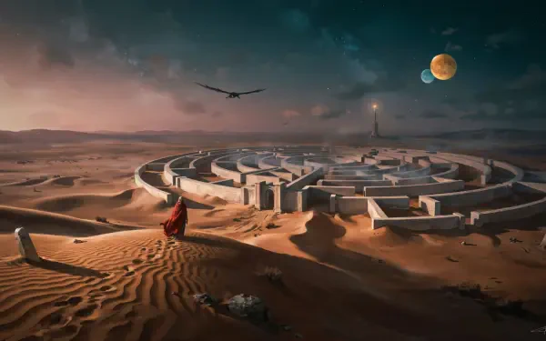 Futuristic labyrinth city rises from a vast desert beneath twin moons, a science fiction architecture scene in 4K Ultra HD PC desktop wallpaper.