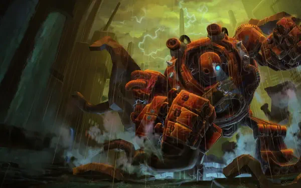 Blitzcrank mech from League of Legends strides through a stormy landscape in this 2K Quad HD PC desktop wallpaper.