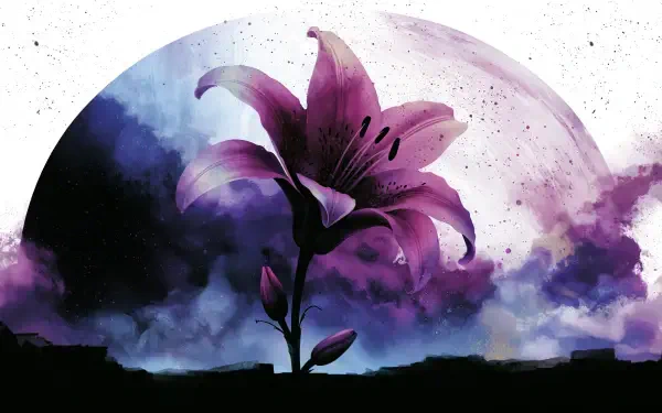 Purple lily against a dramatic watercolor moonlit sky, 4K Ultra HD PC desktop wallpaper and background.