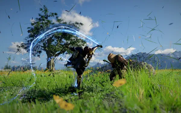 Kliff battles an armored warrior in a grassy field in Crimson Desert, a 4K Ultra HD PC desktop wallpaper.