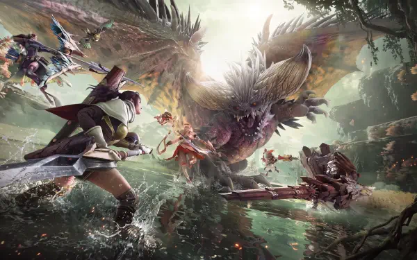 Nergigante battles armed hunters in Monster Hunter Outlanders, a dramatic 5K Ultra HD PC desktop wallpaper.