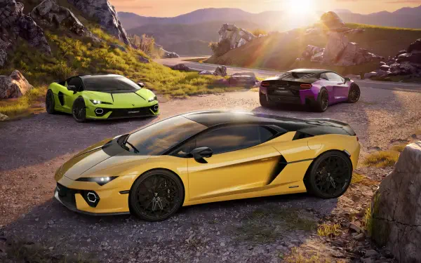 Lamborghini Temerario Tettonero in gold with two sports cars on a mountain road, 2K Quad HD PC desktop wallpaper and background.