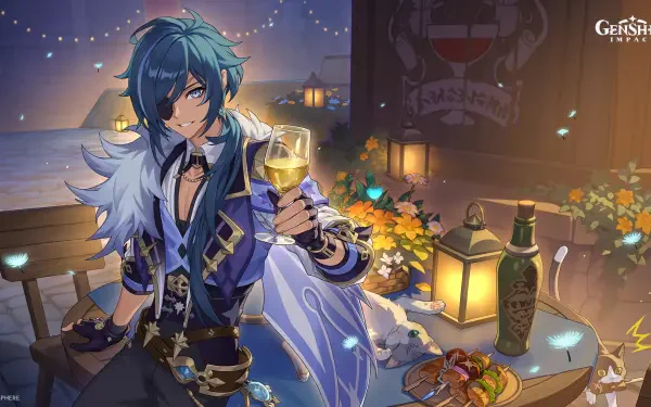 Kaeya from Genshin Impact raises a glowing drink amid warm lantern light in this 2K Quad HD PC desktop wallpaper.